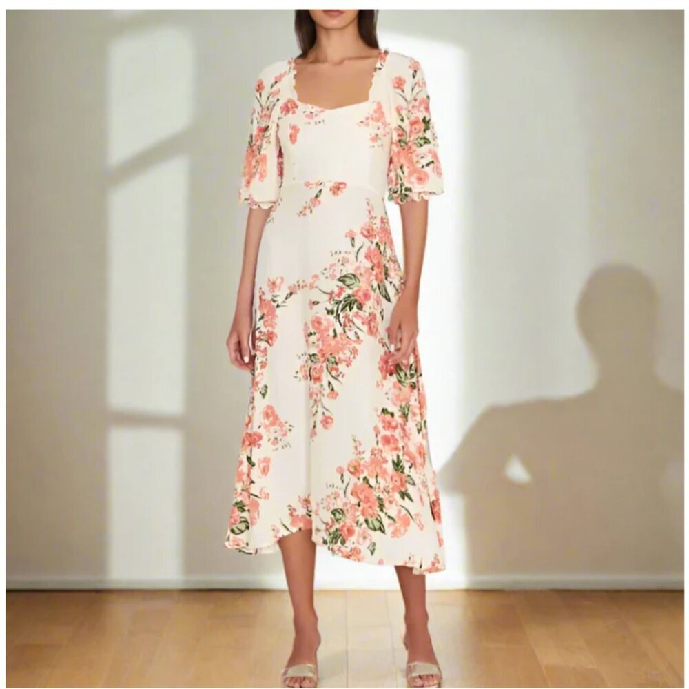 Faithfull The Brand Bronte Midi Dress Ivory Pink Floral Puff Sleeve 10